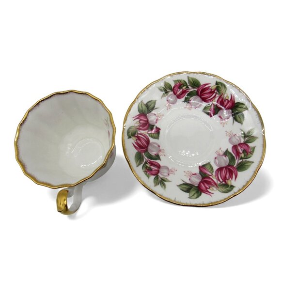 STAFFORDSHIRE Fuchsia July Flower Teacup & Saucer Set England Vintage - Picture 8 of 11